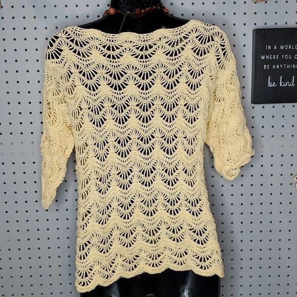 Handmade Soft Yellow Crocheted Open Weave Sweater BoHo Blouse, Sz Small?? - Picture 6 of 6